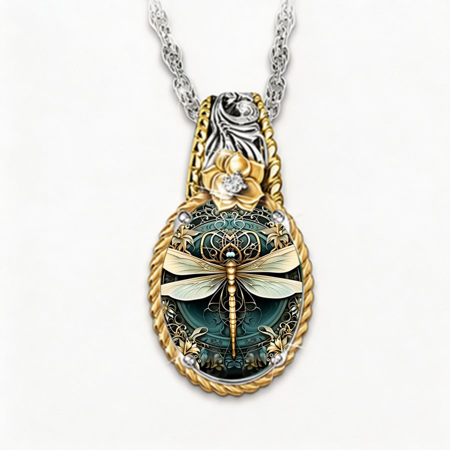 Teal Dragonfly Glass Pendant Necklace
