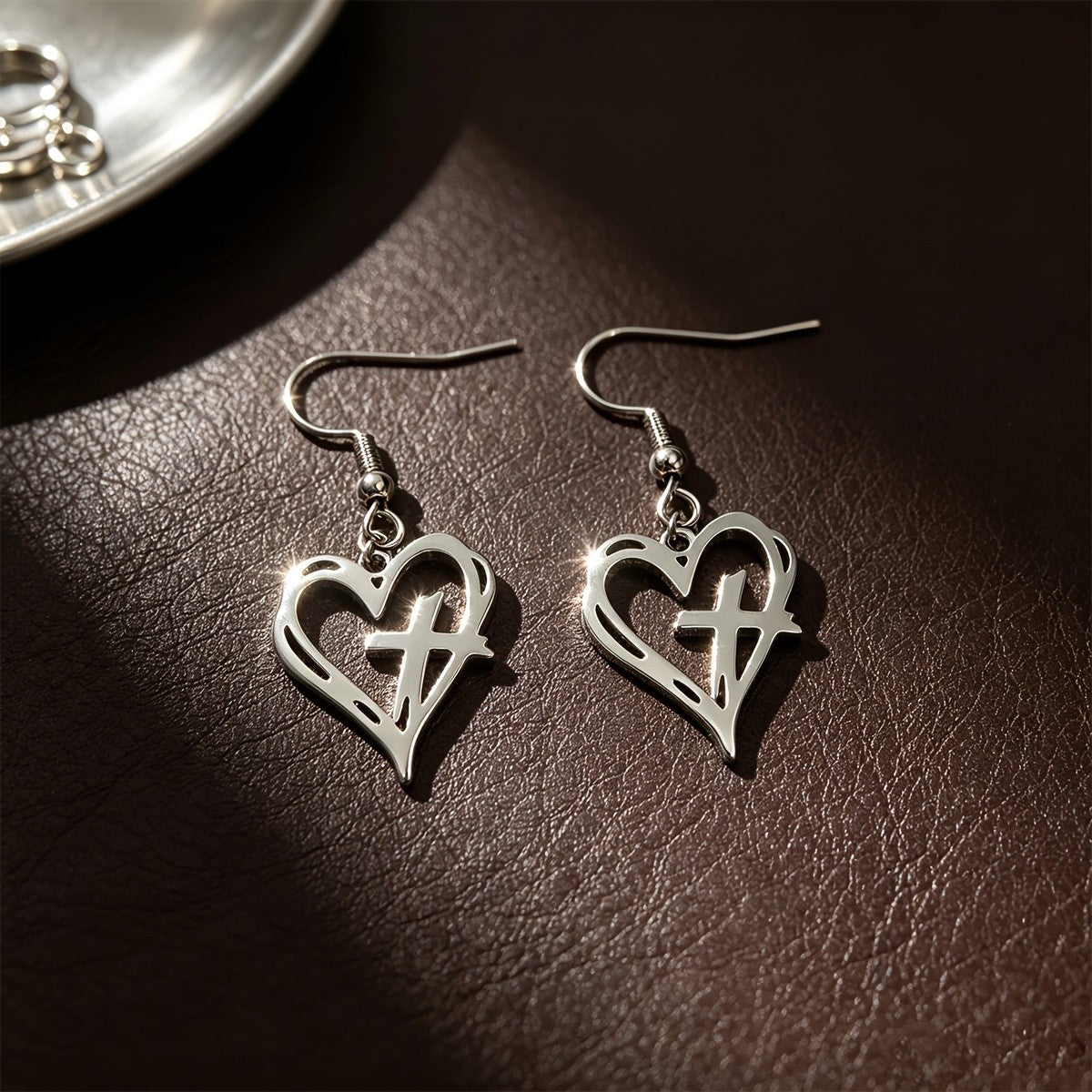 Hollow Heart & Cross Dangle Earrings