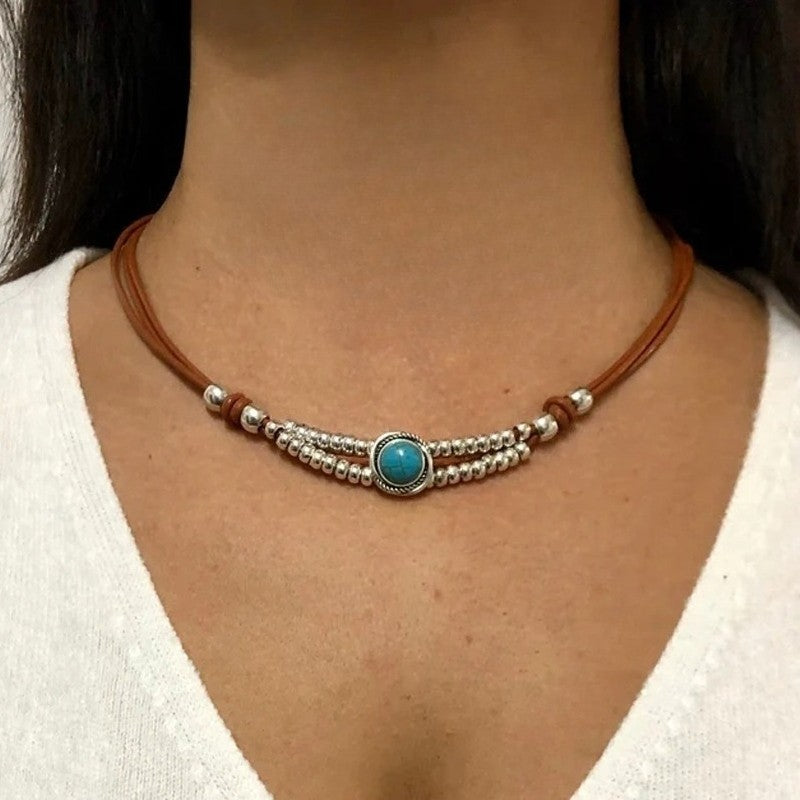 Turquoise Beaded Leather Necklace