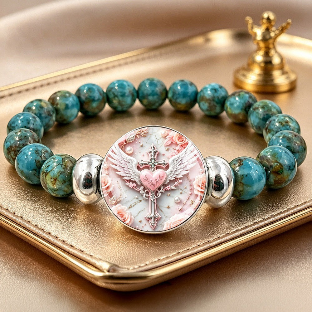 Winged Heart Cross & Turquoise Bead Bracelet