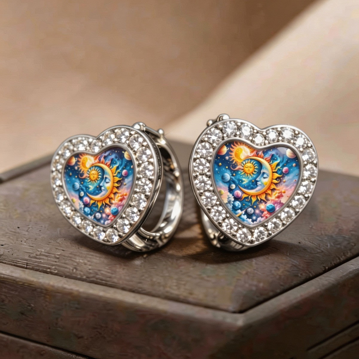 Nebula Sun Moon Heart Huggie Earrings