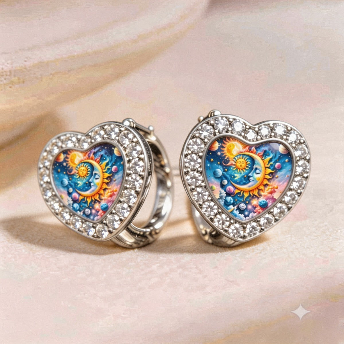 Nebula Sun Moon Heart Huggie Earrings