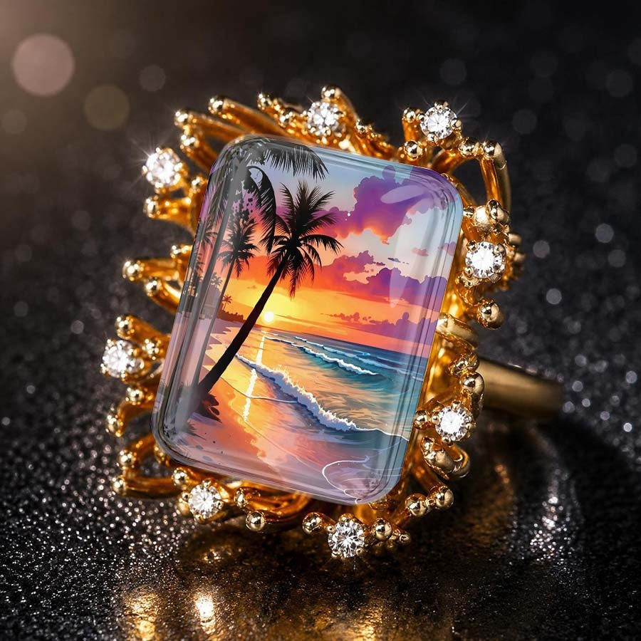Sunset Palm Tree Square Ring