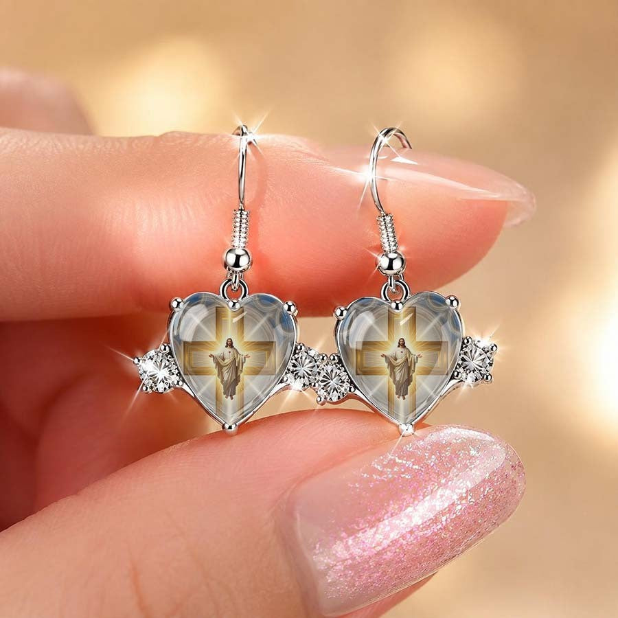 Sacred Heart Cross Dangle Earrings