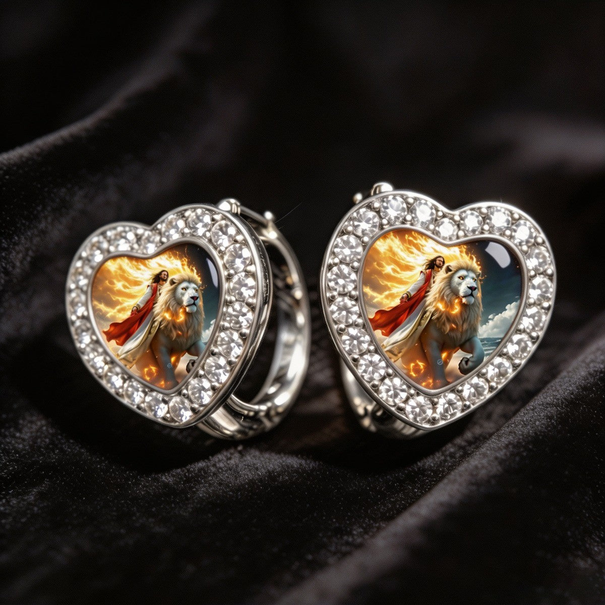 Crystal Heart Lion Huggie Earrings