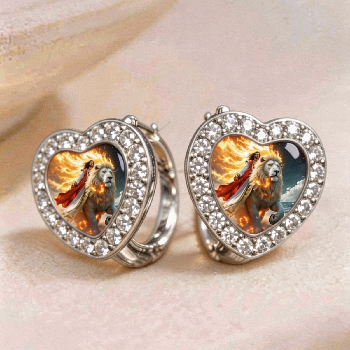 Crystal Heart Lion Huggie Earrings