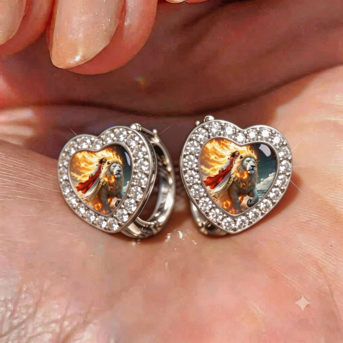Crystal Heart Lion Huggie Earrings