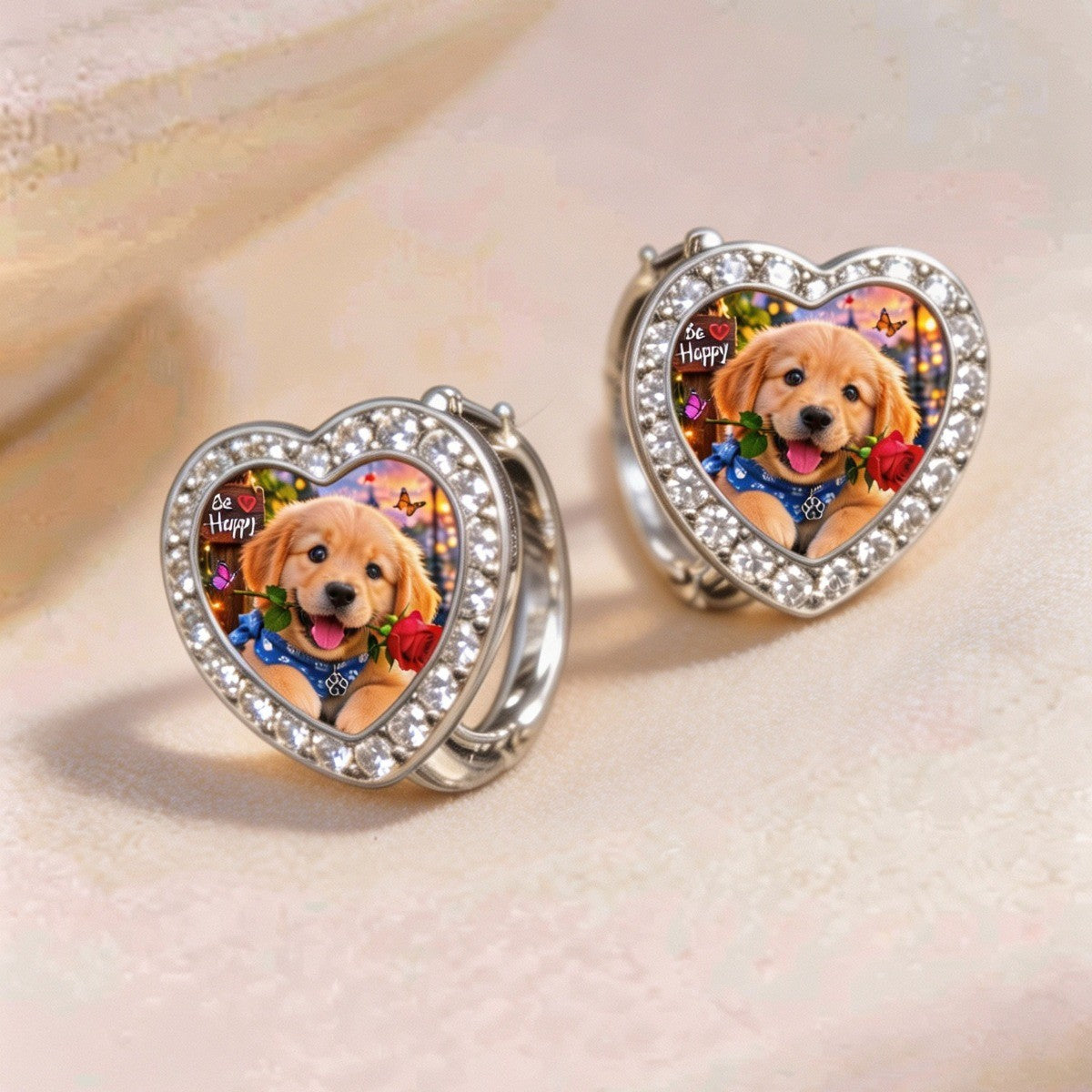 Puppy Portrait Crystal Heart Earrings