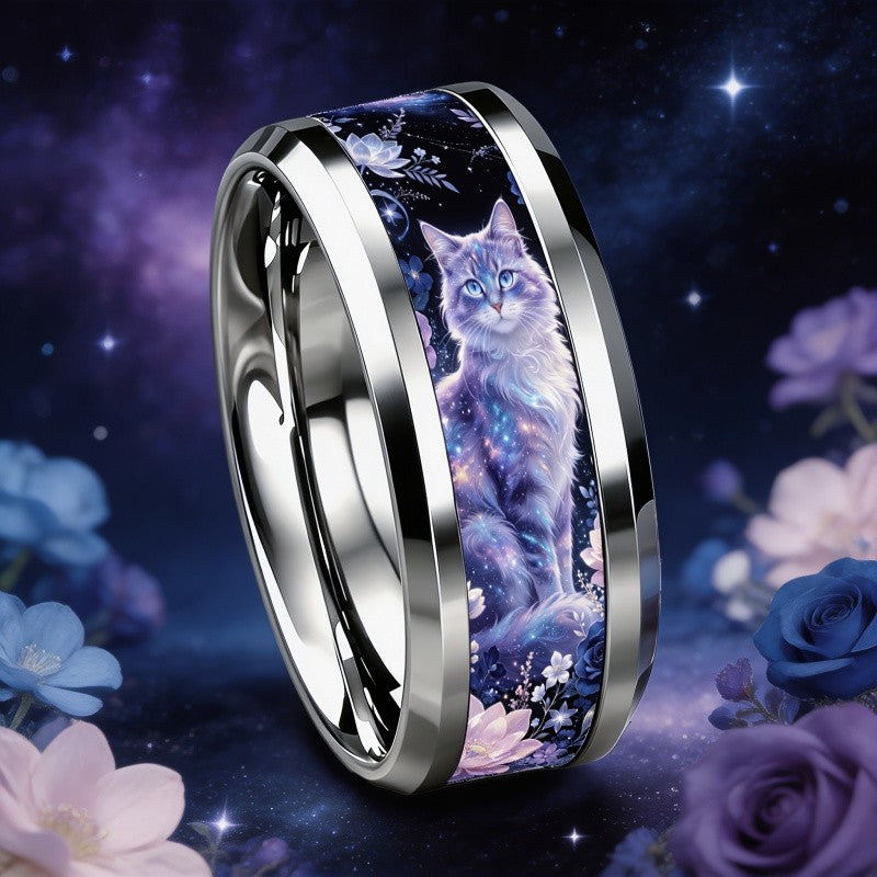 Galaxy Cat Floral Band Ring