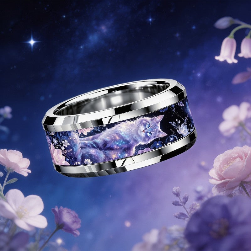Galaxy Cat Floral Band Ring