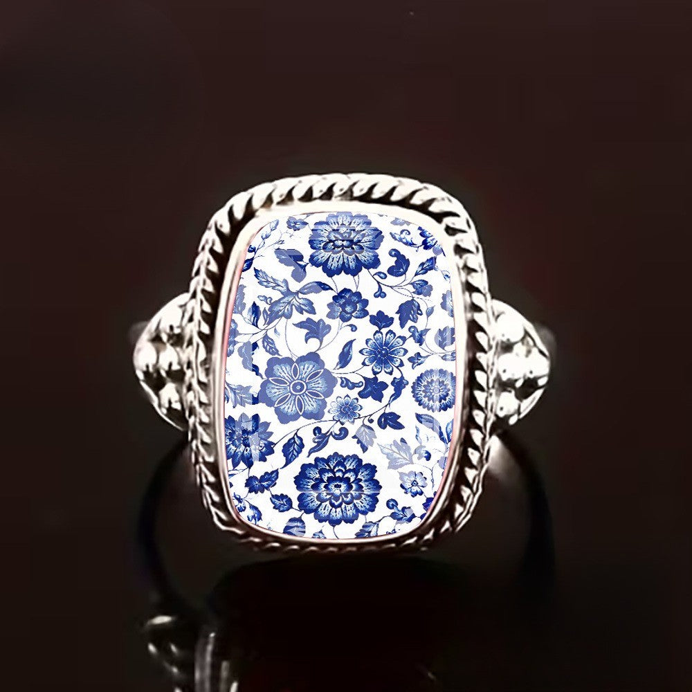 Blue Floral Woven Rope Square Ring