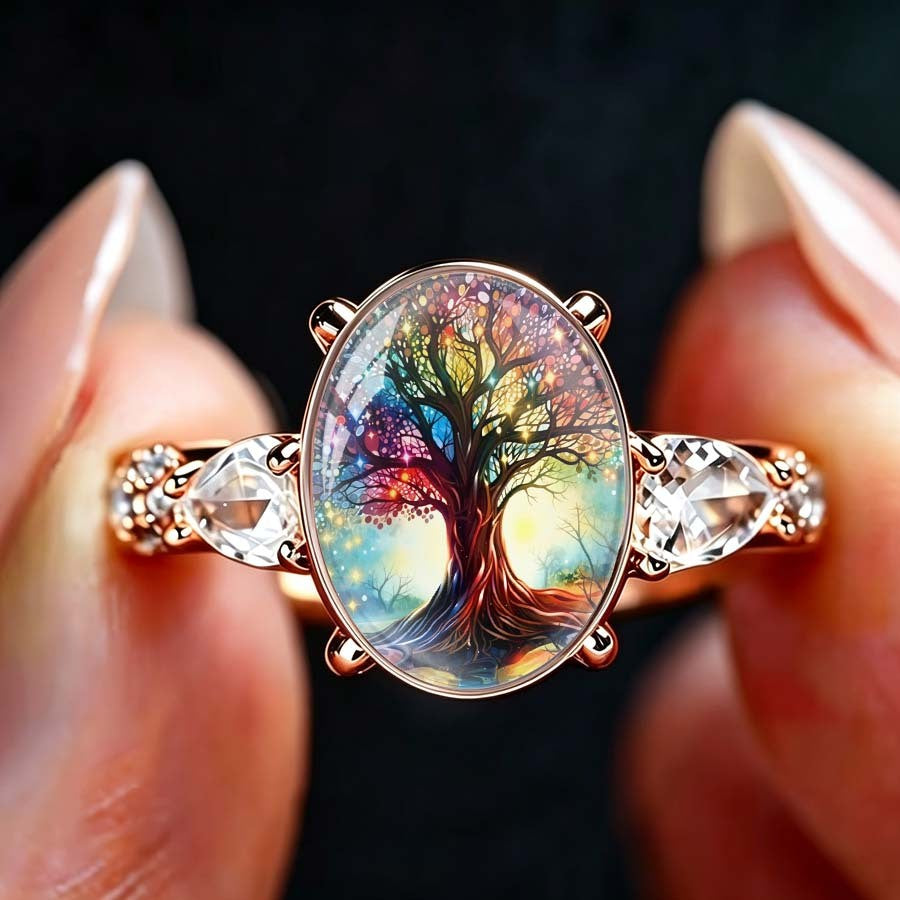 Colorful Tree of Life Oval Ring
