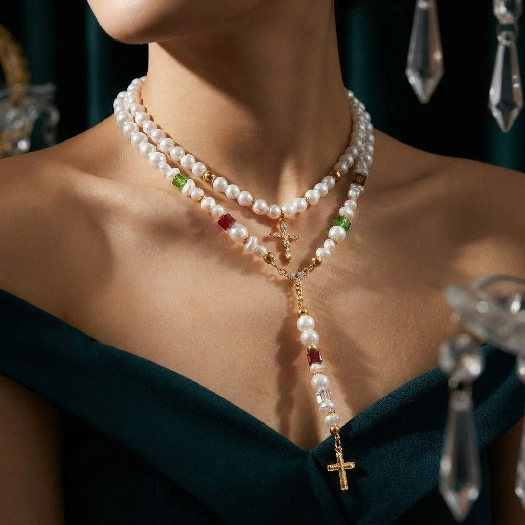 Pearl & Colored Bead Cross Y-Necklace Set