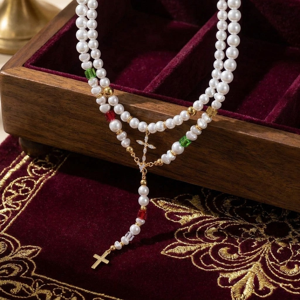 Pearl & Colored Bead Cross Y-Necklace Set