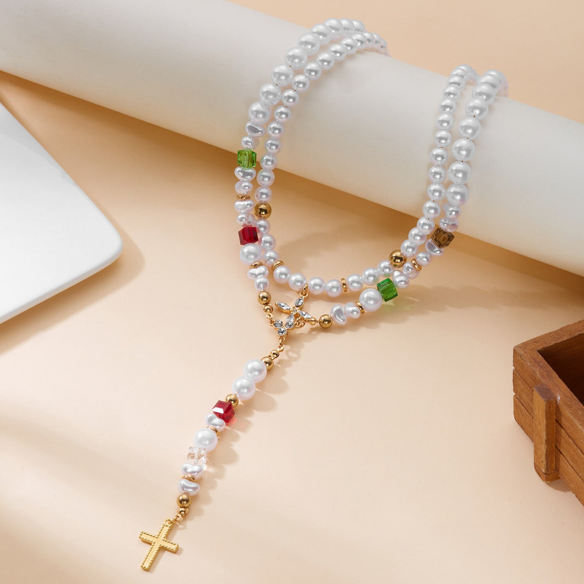 Pearl & Colored Bead Cross Y-Necklace Set