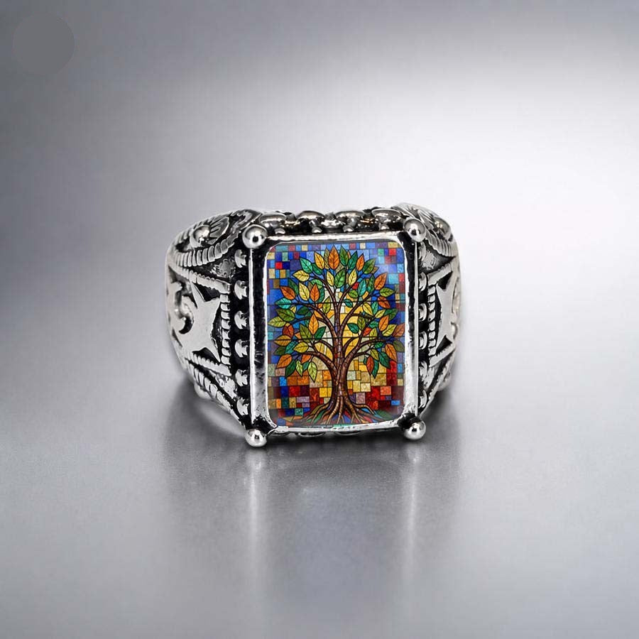 Stained Glass Tree Square Ring