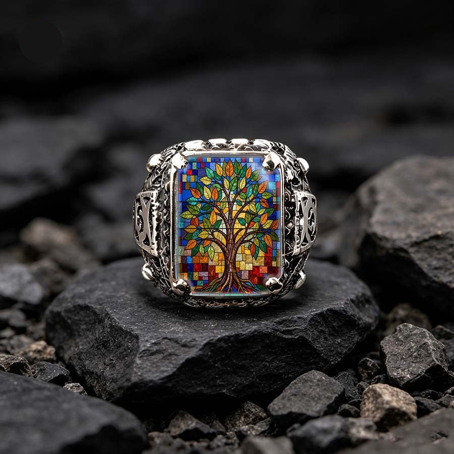 Stained Glass Tree Square Ring