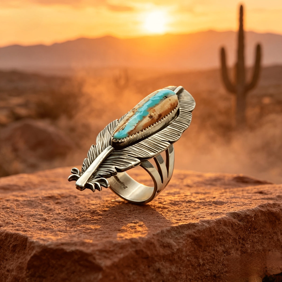 Carved Feather Turquoise Ring