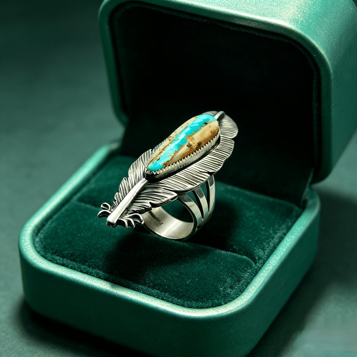 Carved Feather Turquoise Ring