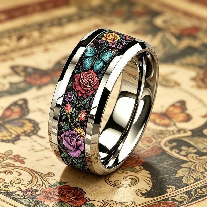 Blue Butterfly & Rose Ring