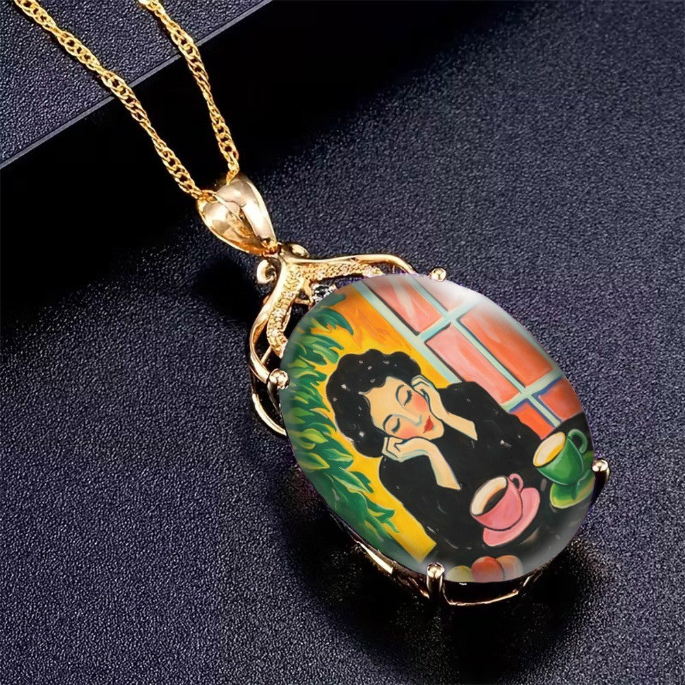 Window Scene Oval Pendant Necklace