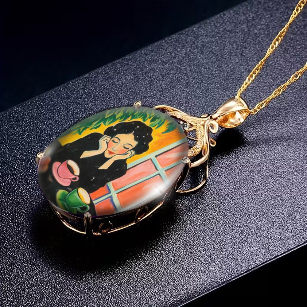 Window Scene Oval Pendant Necklace