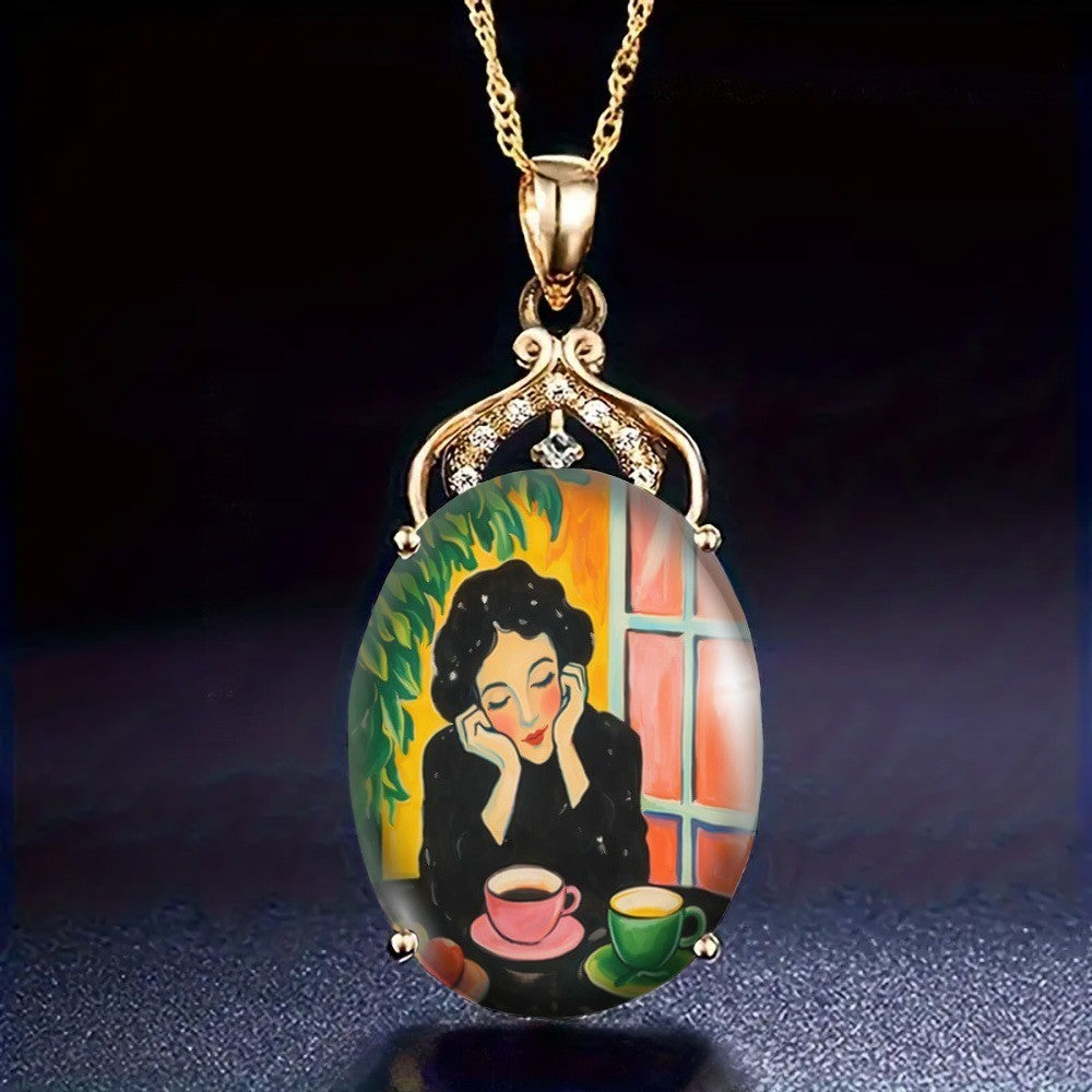 Window Scene Oval Pendant Necklace