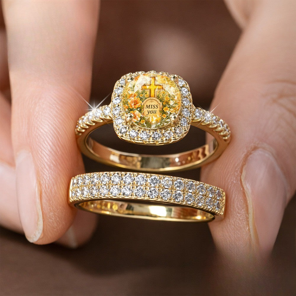 Floral Cross & Crystal Band Ring Set