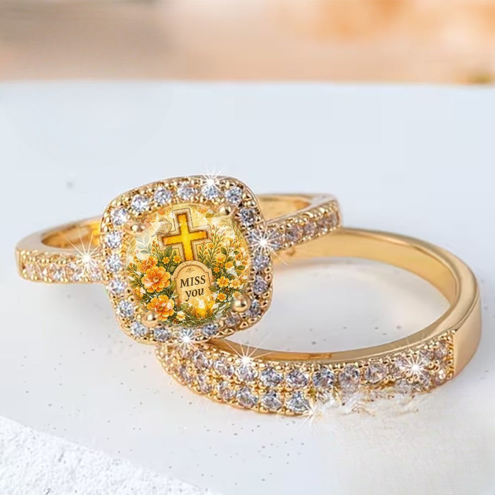 Floral Cross & Crystal Band Ring Set