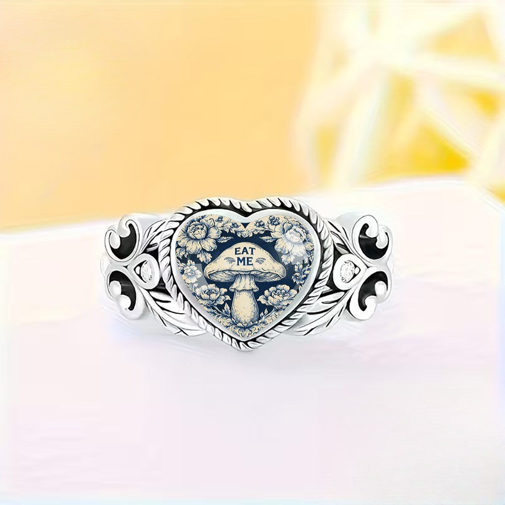 Blue Floral Mushroom Heart Ring