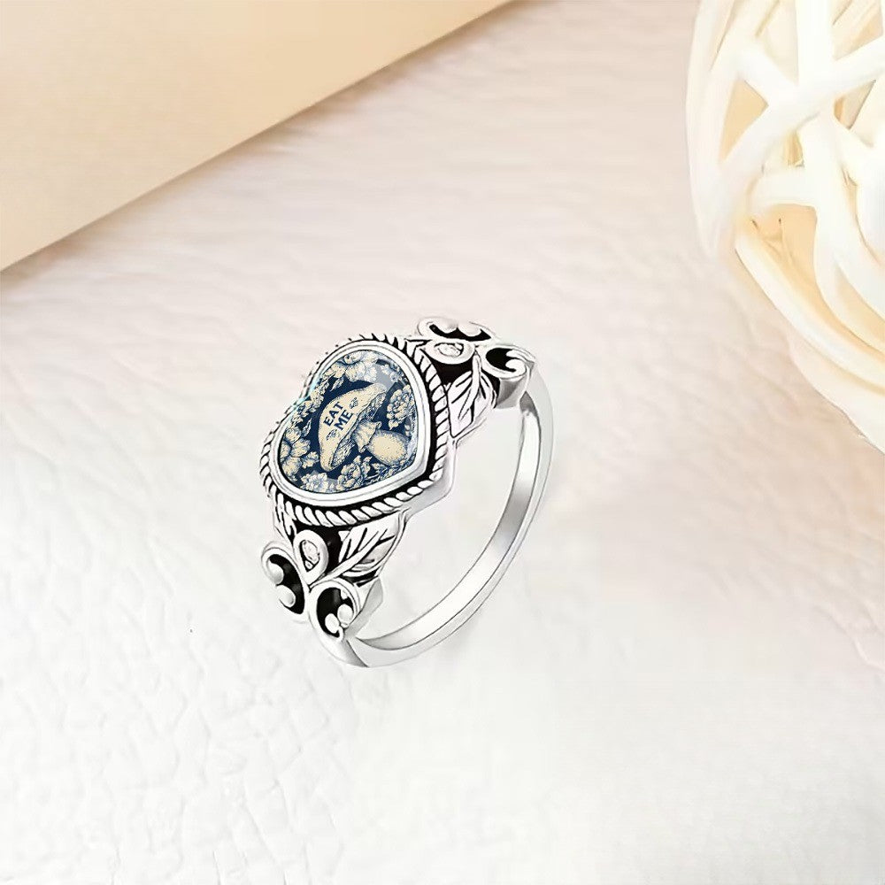 Blue Floral Mushroom Heart Ring