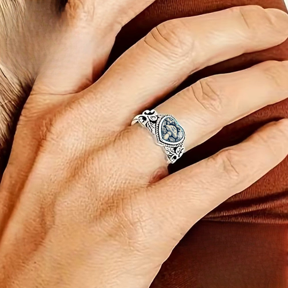 Blue Floral Mushroom Heart Ring