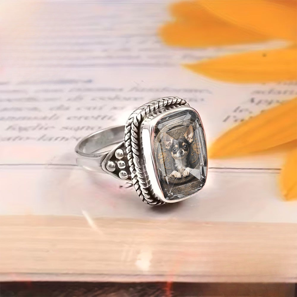 Chihuahua Glass Square Ring
