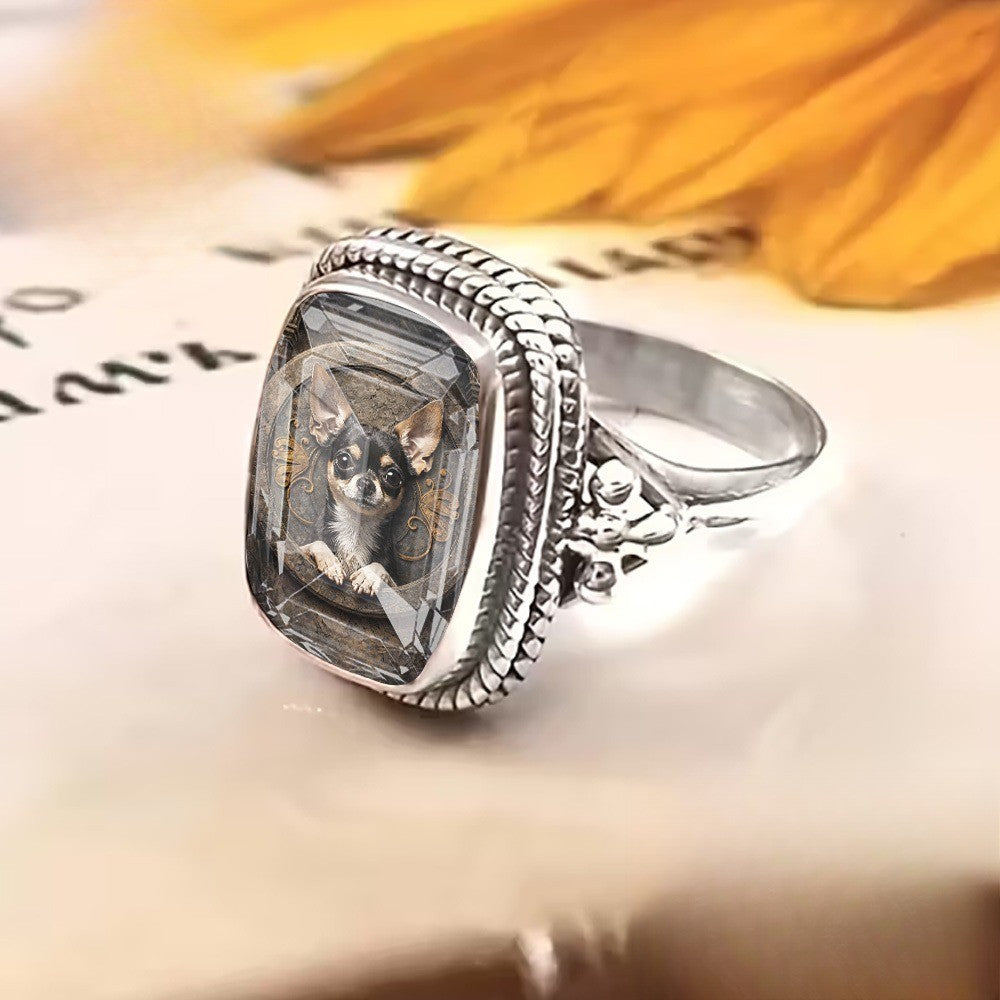 Chihuahua Glass Square Ring