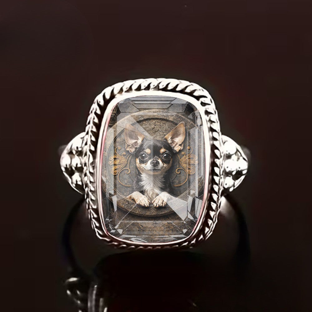 Chihuahua Glass Square Ring