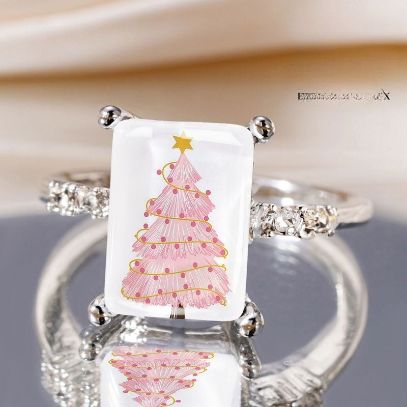 Silver Pink Christmas Tree Rectangular Ring
