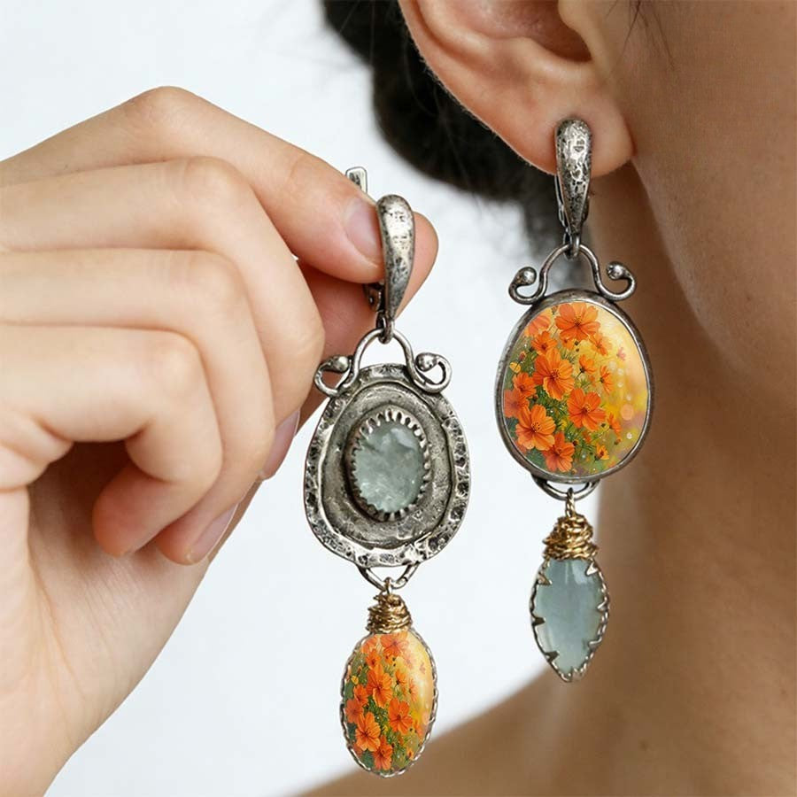 Asymmetrical Floral & Seafoam Drop Earrings