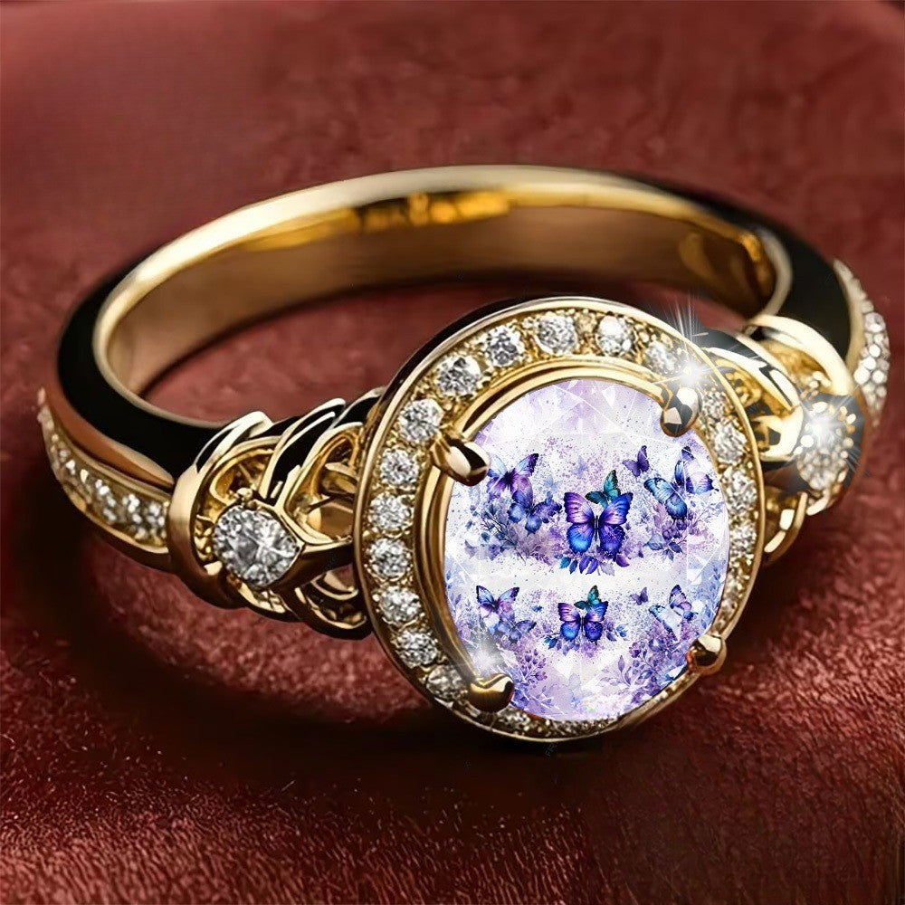 Purple Butterfly & Crystal Oval Ring