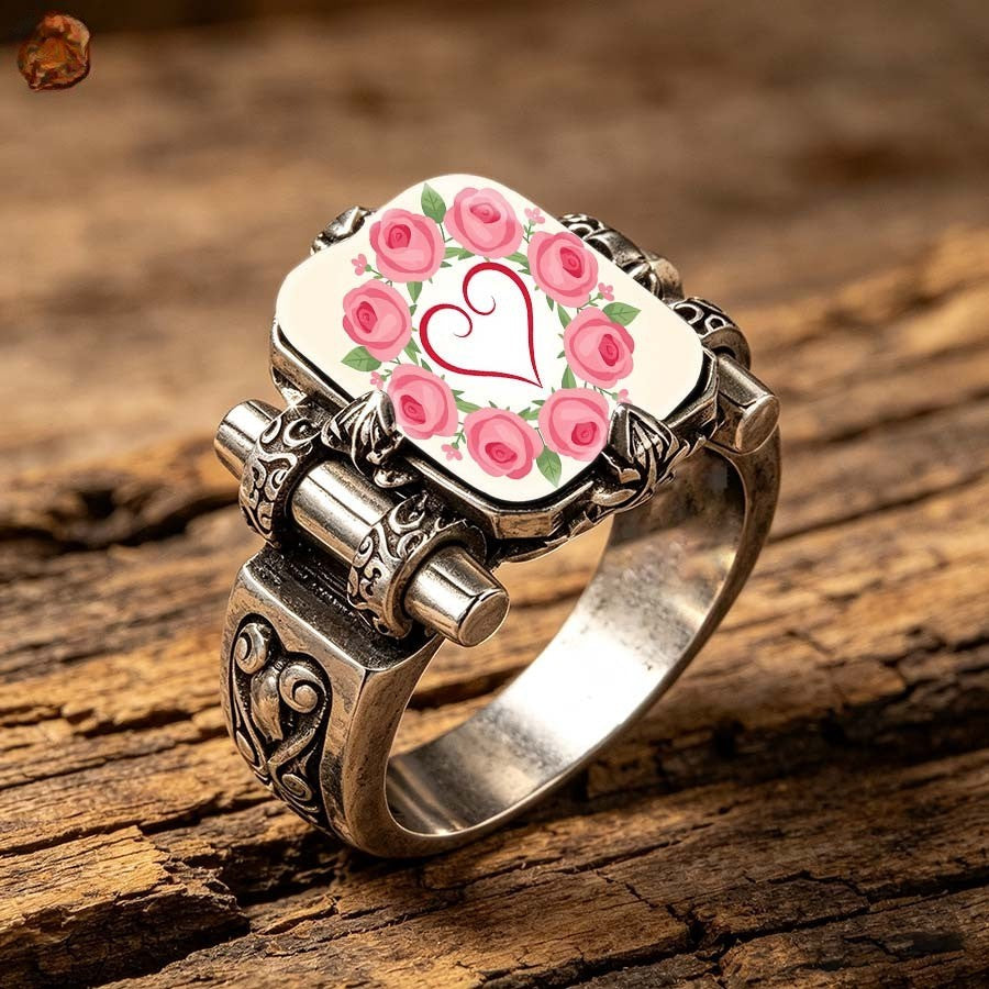 Pink Rose Heart Wreath Square Ring