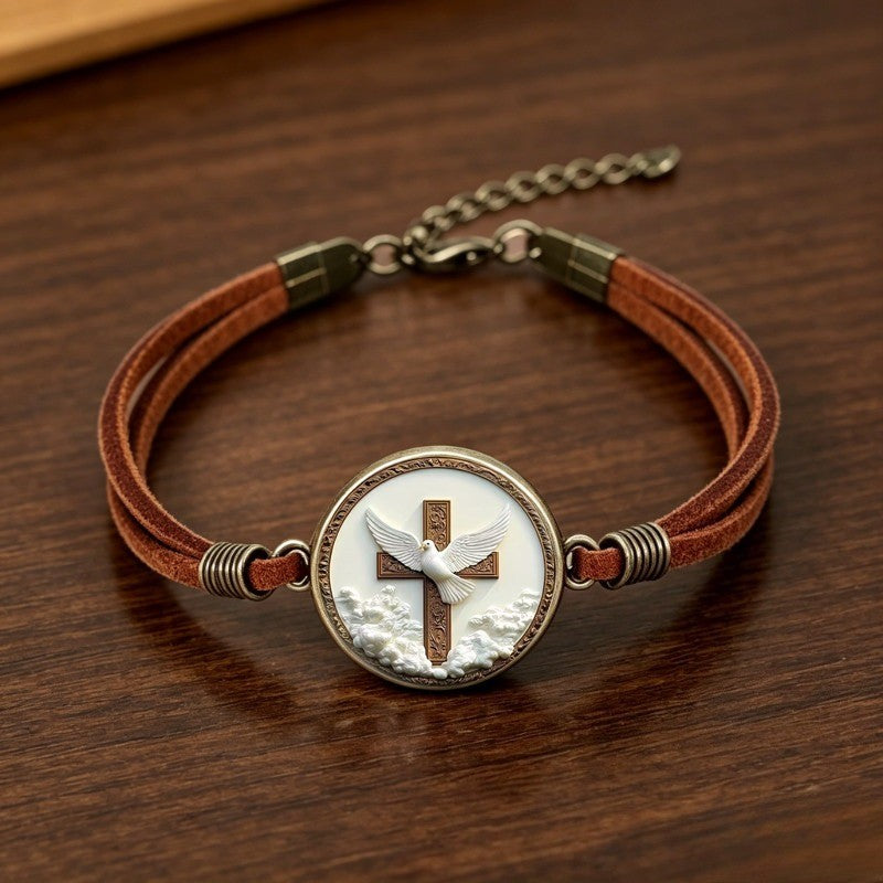 Dove & Cross Leather Wrap Bracelet
