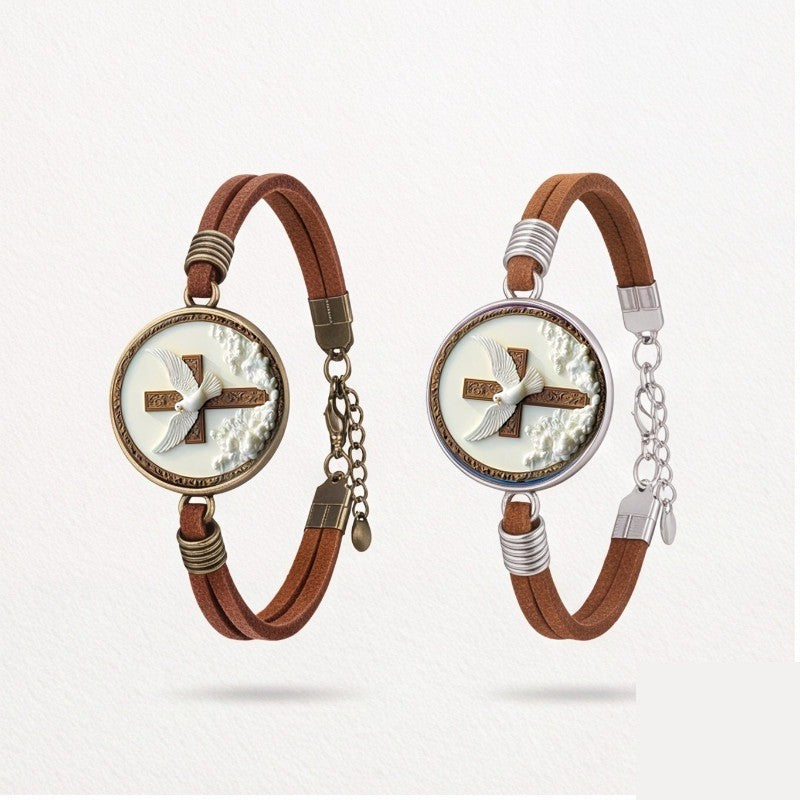 Dove & Cross Leather Wrap Bracelet