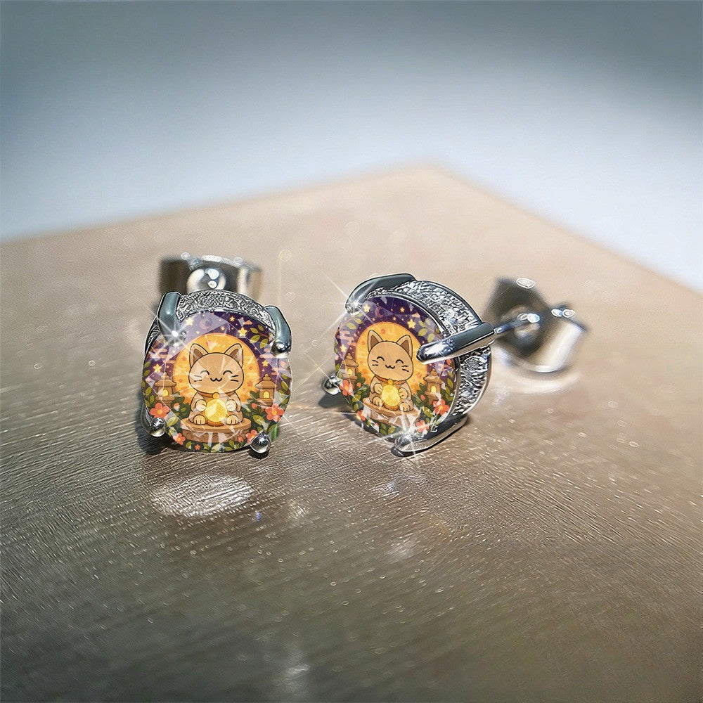 Lantern Cat Glass Stud Earrings