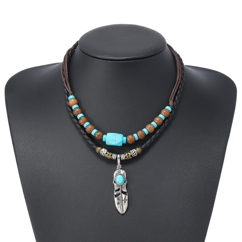 Turquoise Bead Feather Cord Necklace