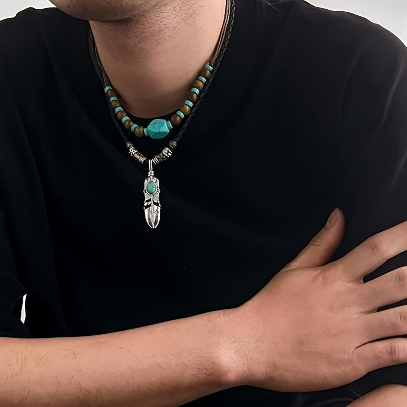 Turquoise Bead Feather Cord Necklace