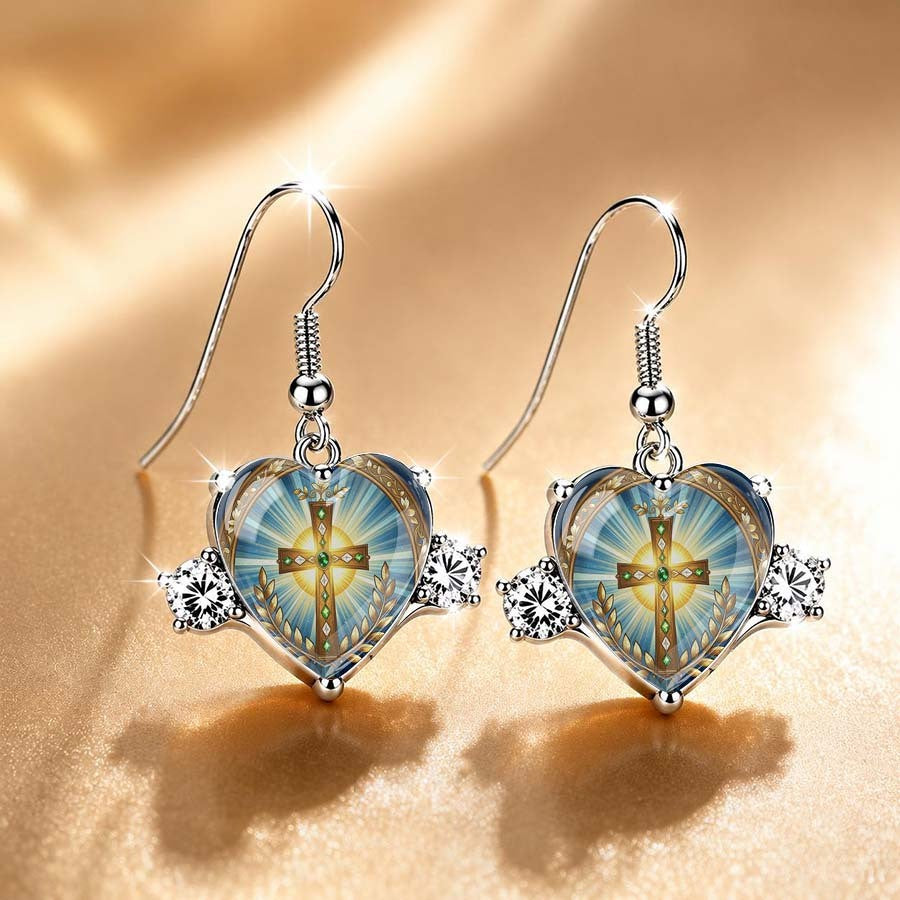 Radiant Cross Heart Dangle Earrings