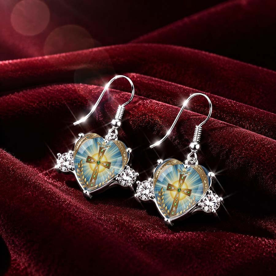 Radiant Cross Heart Dangle Earrings