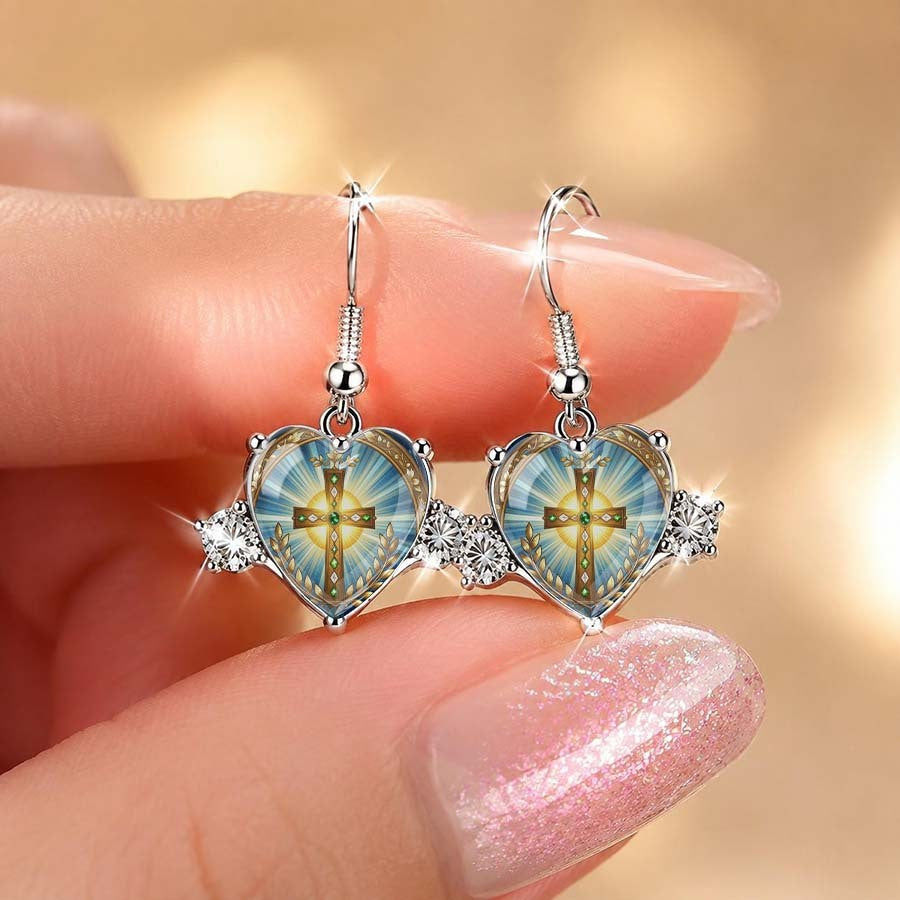 Radiant Cross Heart Dangle Earrings