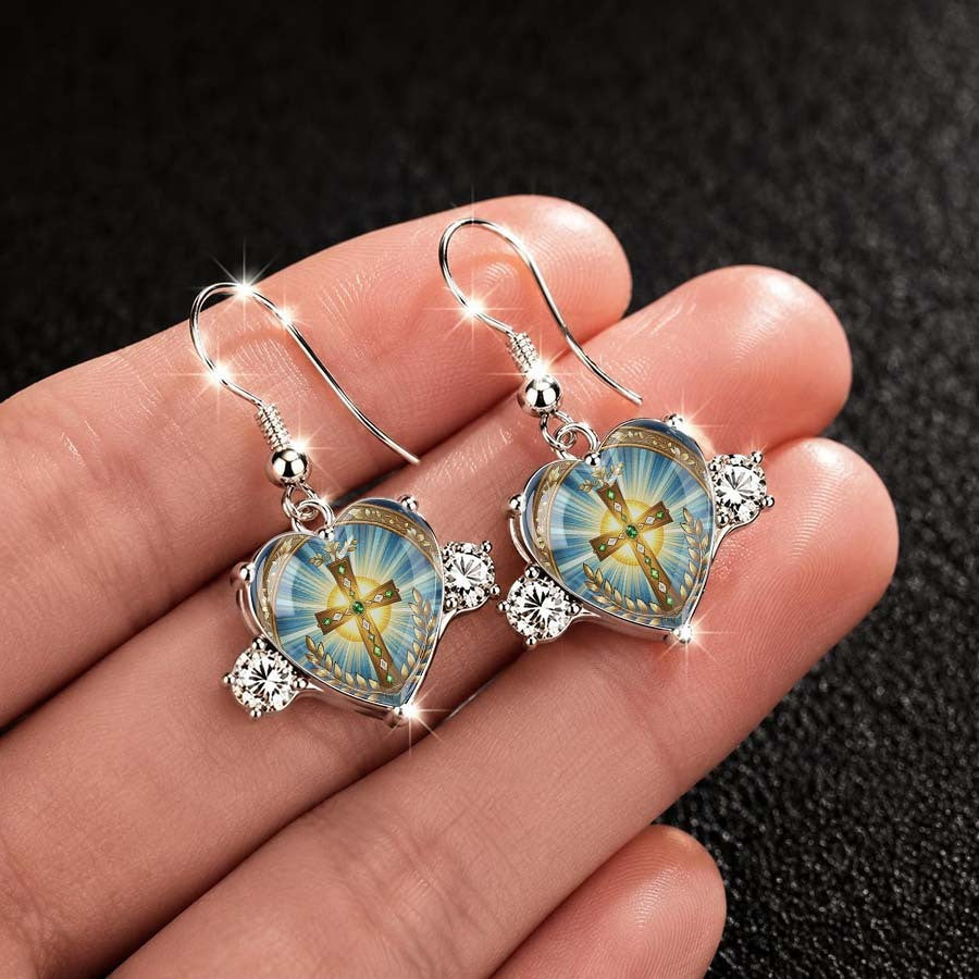 Radiant Cross Heart Dangle Earrings
