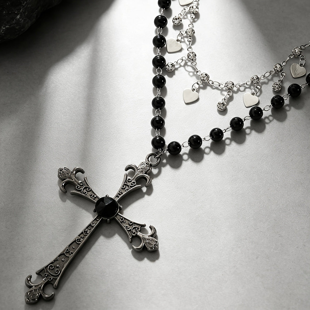 Layered Heart Charm & Black Bead Cross Necklace