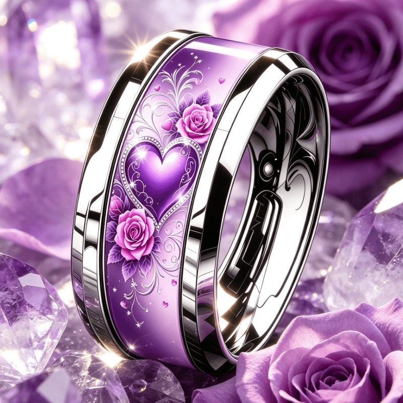 Purple Heart & Rose Band Ring